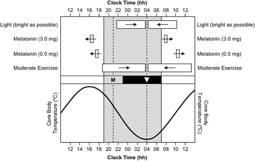 A diagram explaining the basic principles of shifting your circadian rhythm.